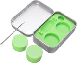 Portable Stainless Steel Tin Box With Two 5ml Wax Silicone Containers (3.9 X 2.4 X 0.9inch)and a Matching Stainless Steel Spoons (Black)